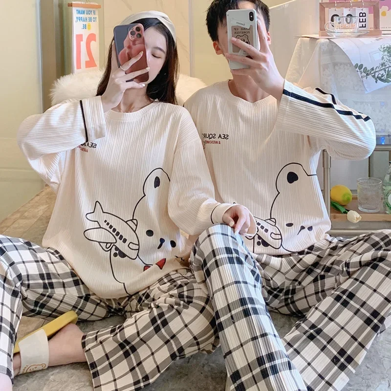 Dinosaur cartoon sleepwear cotton pajamas couple long sleeves pyjamas suit pijama women men loungewear plus size PJs home clothe