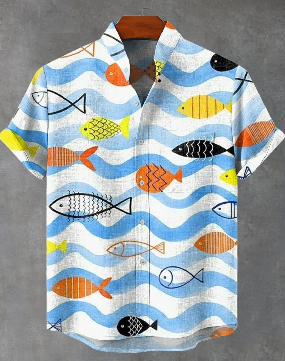 New men's short sleeved shirt with linen bamboo pattern, fashionable 3D striped printed artistic high-quality shirt