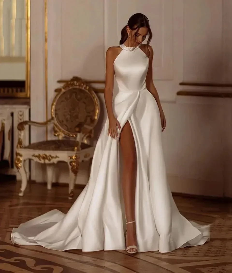 Ivory Wedding Dresses White Bridal Gowns Formal O-Neck Pearls Satin Custom Zipper Lace Up Plus Size New Thigh-High