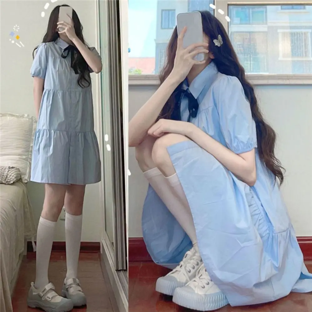 

Ins Bowknot Girl Princess Dress Loose Puff Short Sleeve Teenagers Shirt Dress Preppy Style Sweet Children Bubble Dresses Party