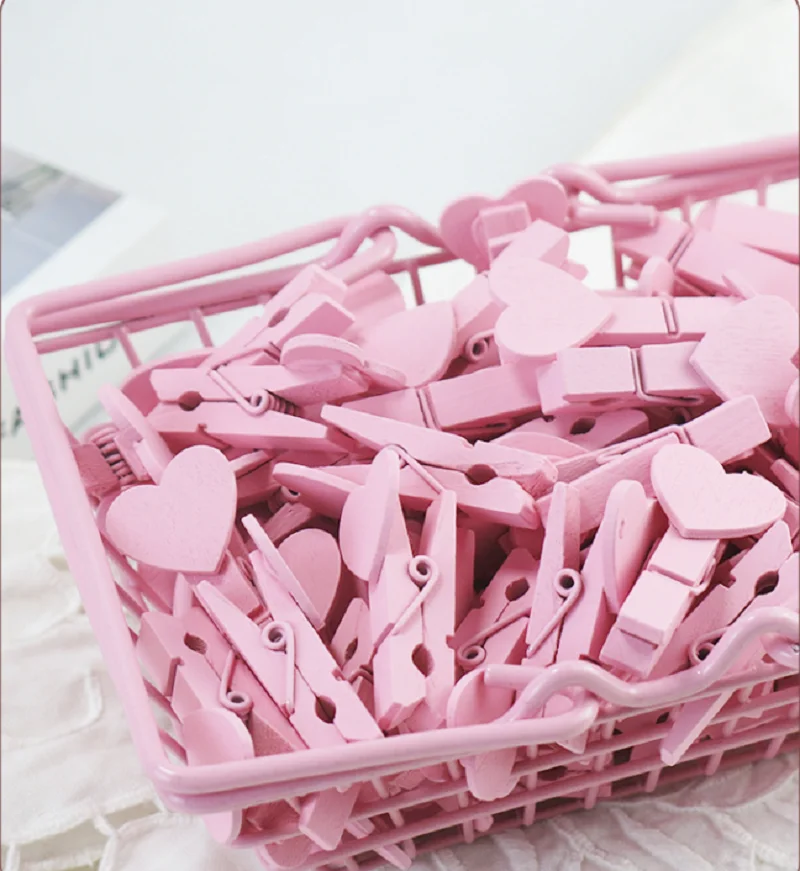 50pcs Heart Pink Blue Wooden Photo Clips Memo Paper Peg Clothespin Stationery Clips Office Party Decoration Accessories 35*7mm