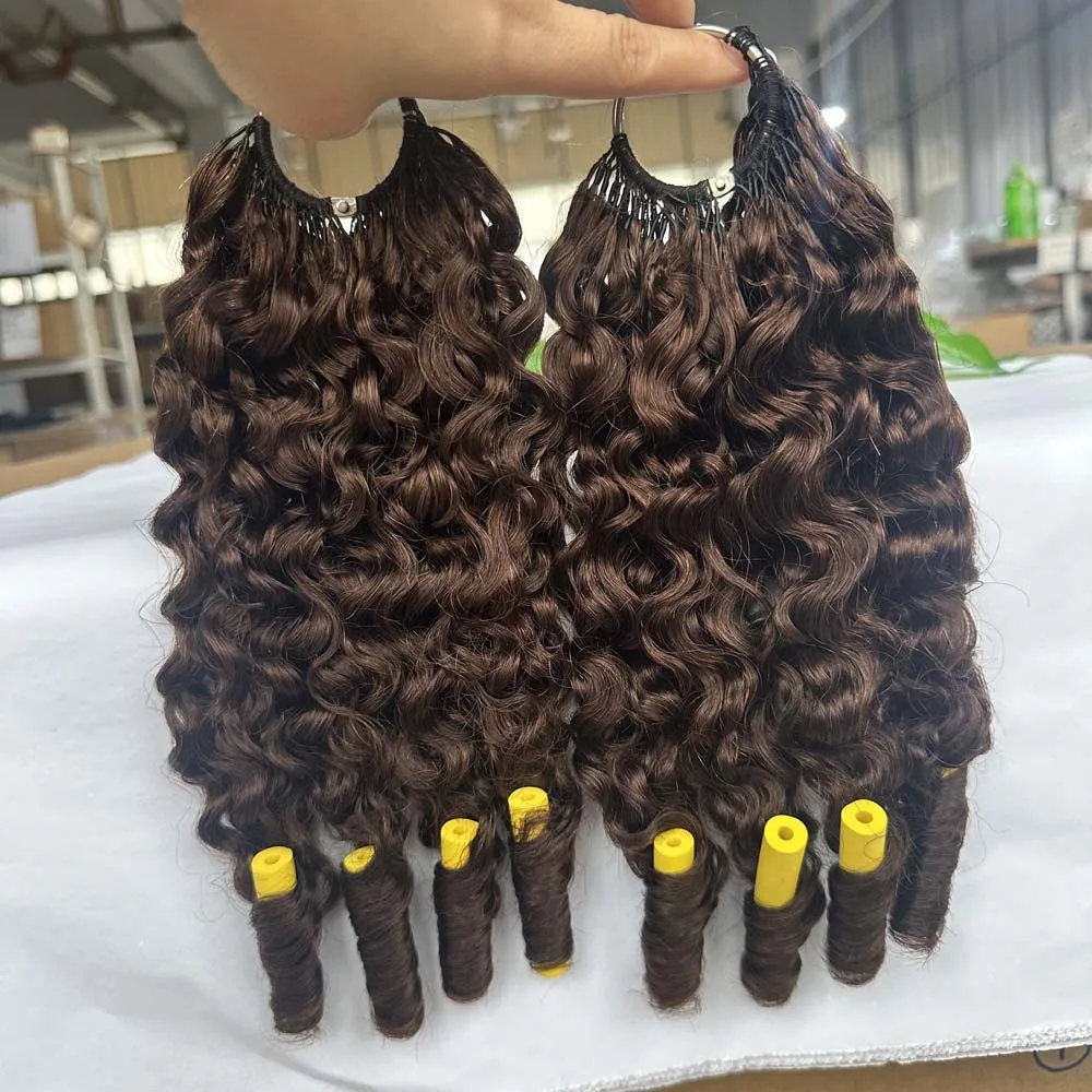 #4 Brown Burmese Curly Crochet Human Hair 60g 50 Strands Invisible Chocolate Brown Feather Crochet Human Hair  Pre-Separated miracle knots Hair for Women 3C 4A Texture Human Hair Extension