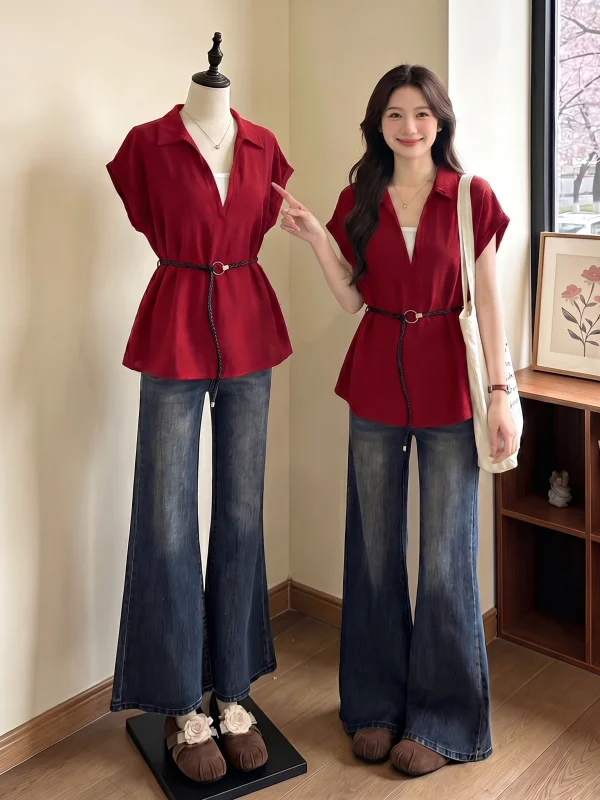 

Elegant Red V-Neck Short Sleeve Shirt Women's Fashion Korean Style Loose Fit Commute Wind Summer New plus Size Fake Two-Piece...
