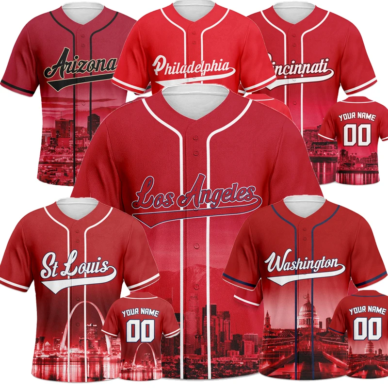 The Ultimate Custom Baseball Jersey Men Red Night City View Fashion Clothing Sublimation Blanks for Personalized Style Sportwear