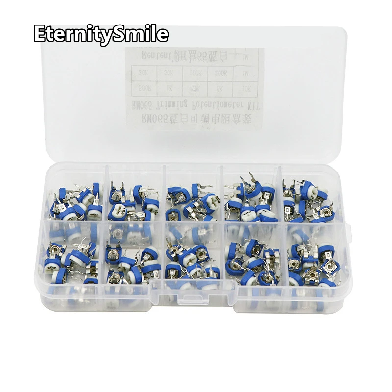 100Pcs/Box RM065 Carbon Film Horizontal Trimpot Potentiometer Assortment Kit 10 Values Variable Resistor 500R - 1M
