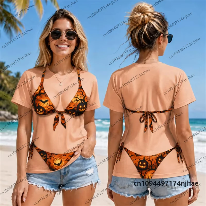 2026 Funny Fake Bikini Print Halter Tie Up Halloween T-shirt For Women Men Vacation Party Short Sleeve Surfing Tees Casual Tops