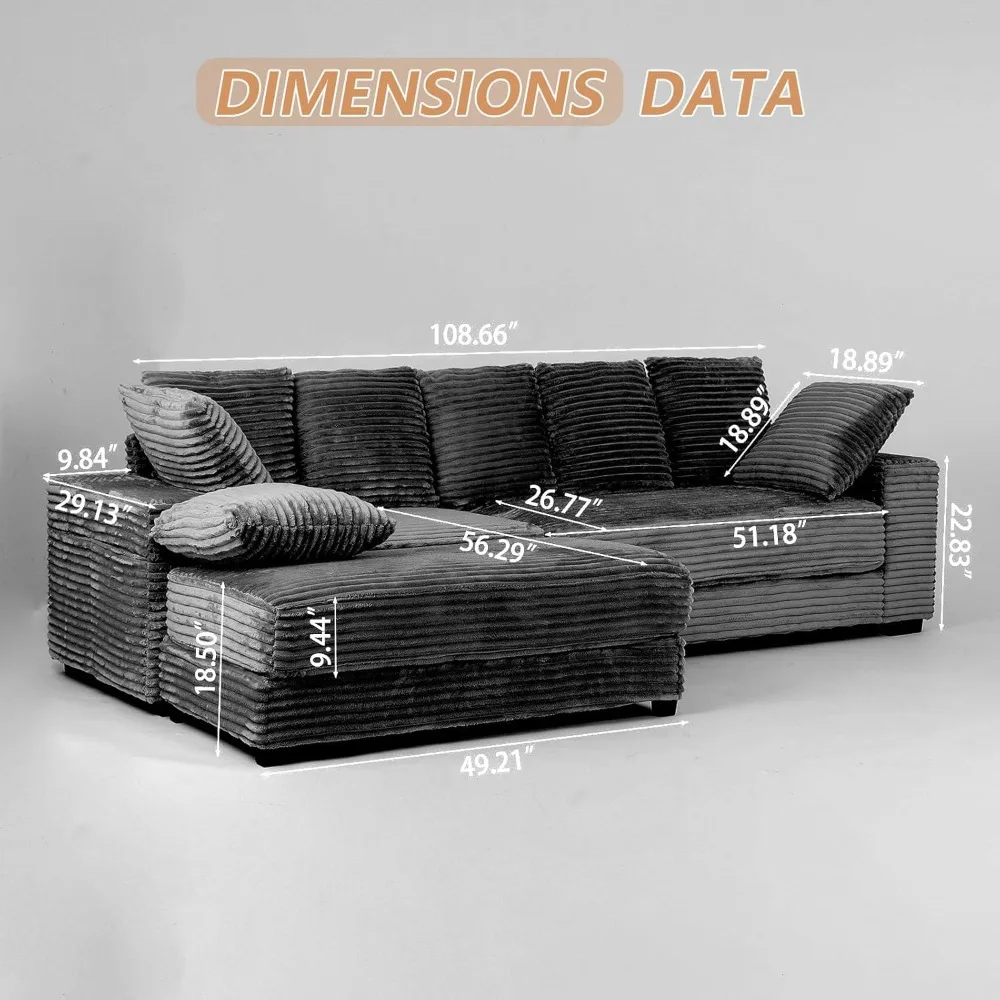 Corduroy Modular Sectional Sofa with Ottoman & Storage, Modern Deep-Seat L-Shaped Sectional with 8 Pillows, Cloud-Like