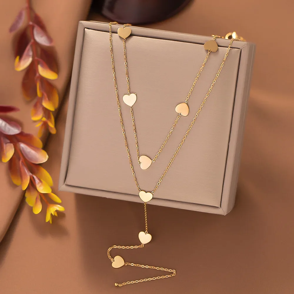 Double Layer Gold Color Heart Pendant Necklace For Women Girl Fashion Stainless Steel Choker Chain Neck Wedding Jewelry Gift