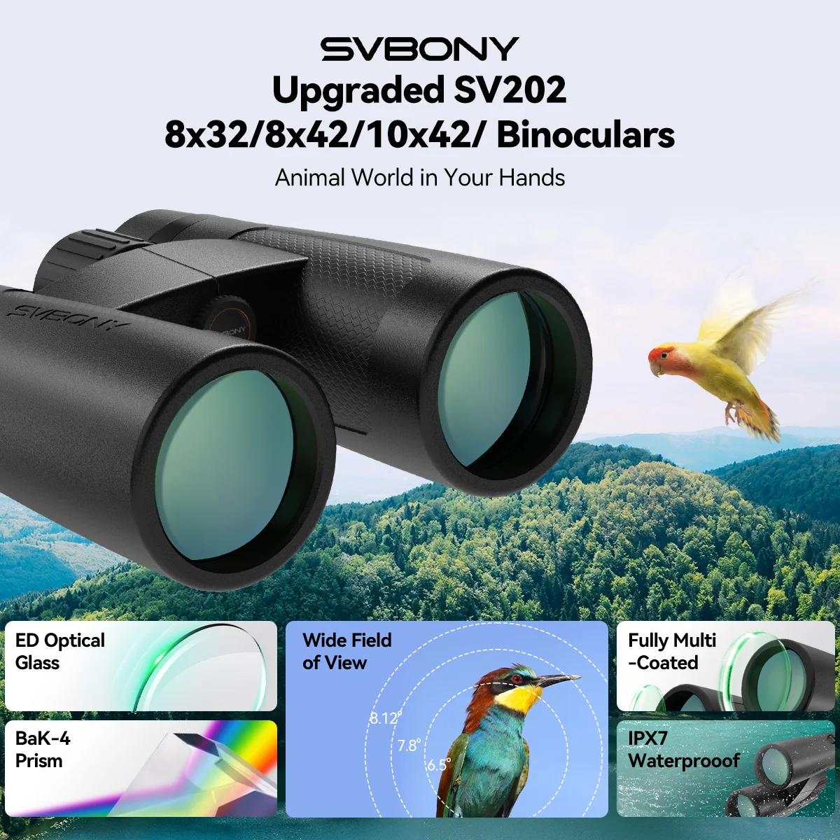 Svbony SV202 Verbessertes ED-Fernglas 8x32/8x42/10x42 Weites Sichtfeld IPX7 Wasserdichtes, beschlagfreies Bak4-Prisma für die Vogelbeobachtung – Detail 9