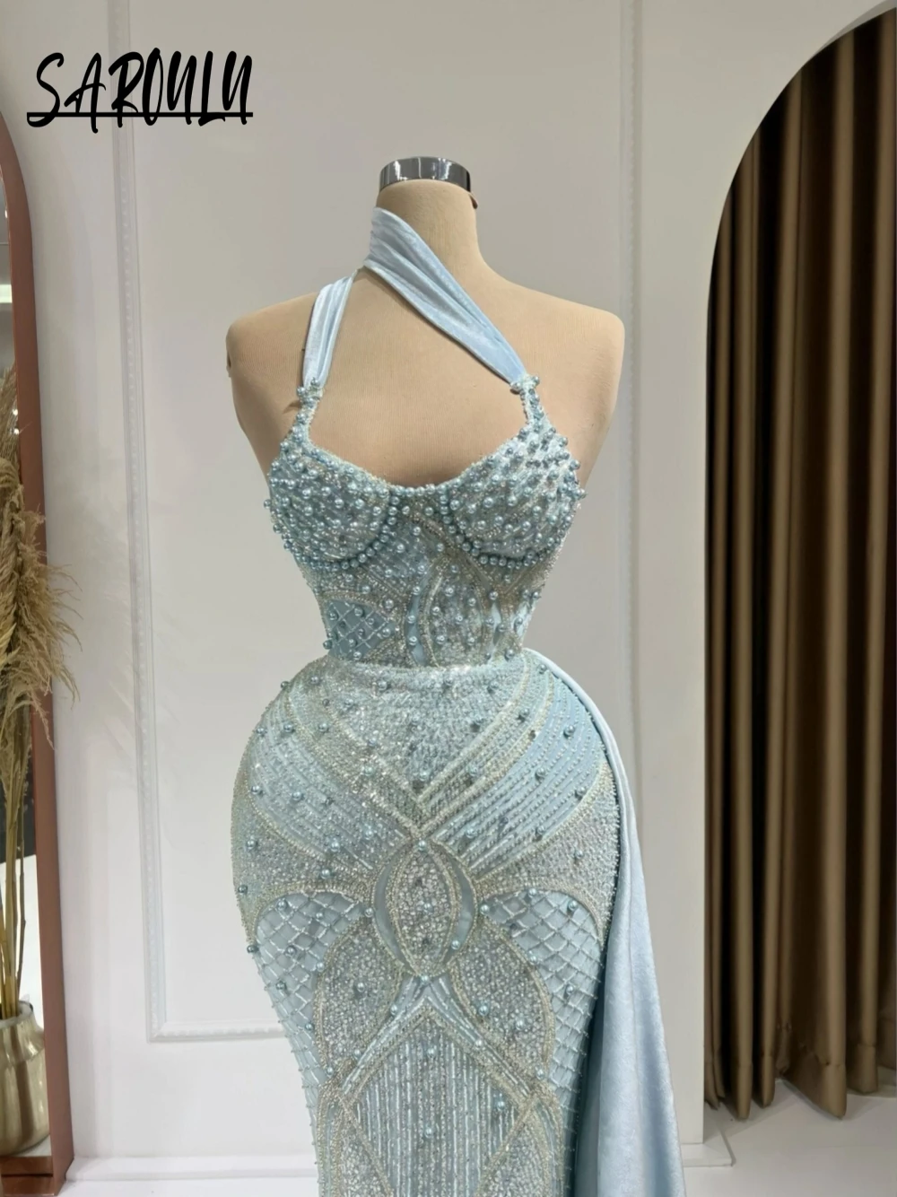 

Exquisite Blue Side Tail Beaded Evening Dress Shiny Formal Events Charming Prom Gown Customized Elegant Women Pearls Cocktail