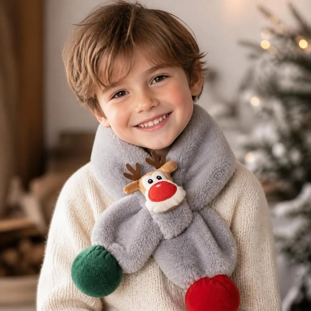 Cozy Christmas Children Scarf Warm Deer Pattern Kids Neck Warmer Cute Winter Neck Wrap for Boys Girls
