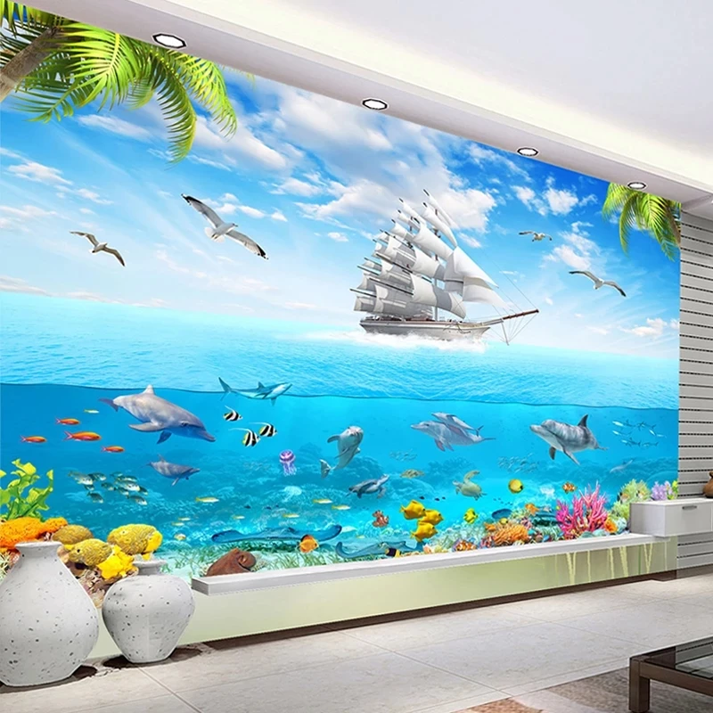 Custom Wallpaper Sailing Dolphin 3D Underwater World Cartoon Children Bedroom Mural sea Fish Living room background restaurant