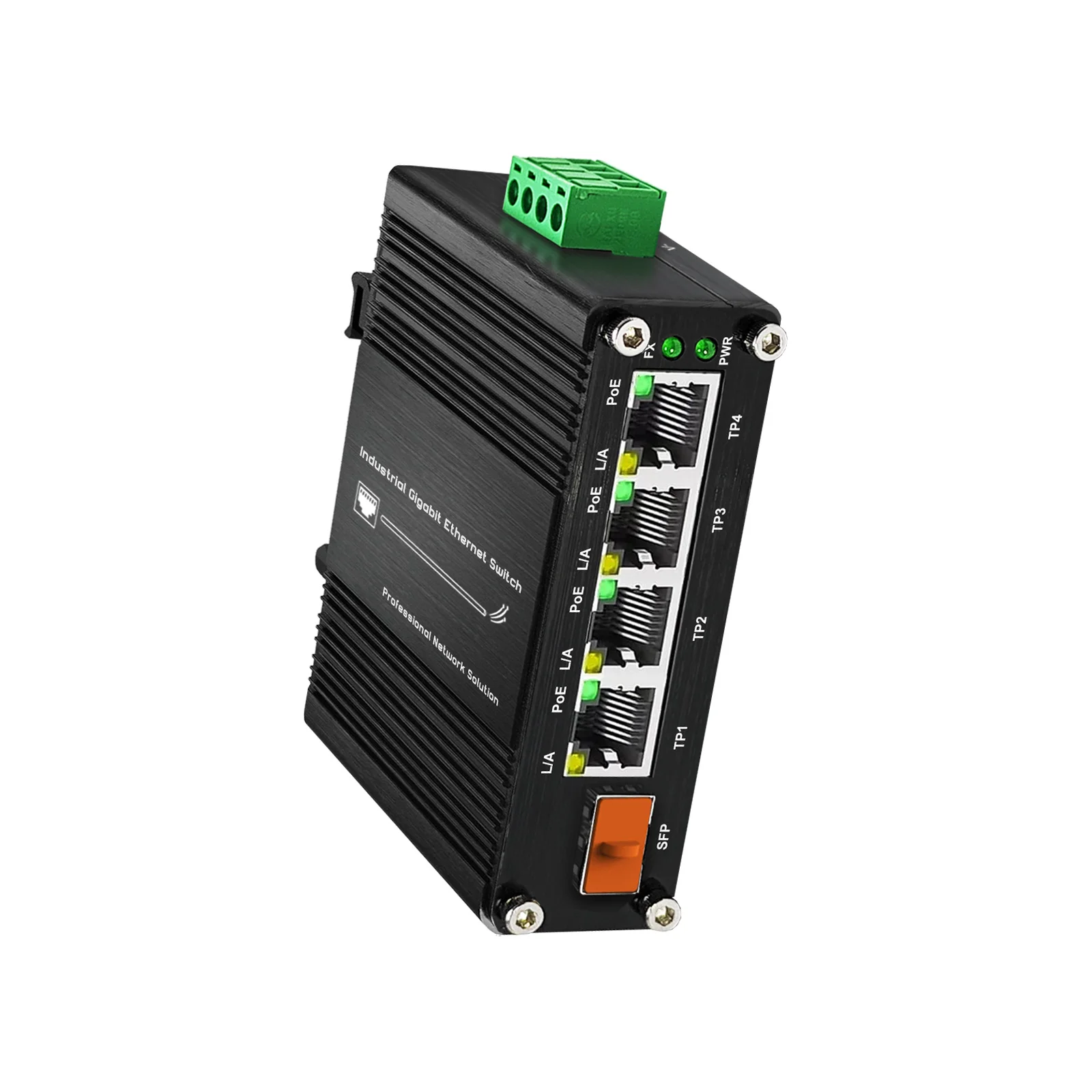 

Mini Industrial 4-Port Gigabit POE+Switch: 4x 10/100/1000BASE-T RJ45, 1x 100/1000FX SFP, 12-48V DC, Din Rail/Wall-Mount