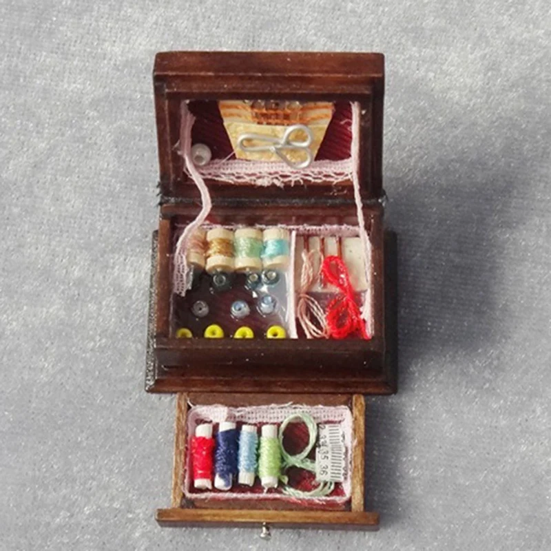 1:12 Doll House Furniture Decoration Vintage Sewing Needlework Needle Scissors Kit Box Dollhouse Miniature Decor