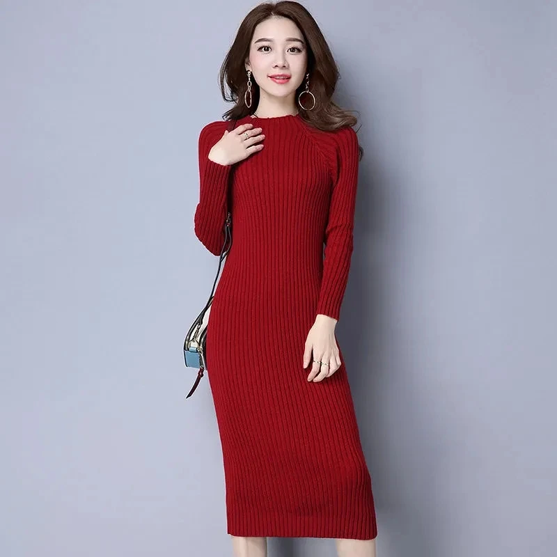 Schlanke langärmlige gestrickte einteilige Kleid sexy Frauen Herbst Winter koreanische Pullover Kleider Midi Bottom ing Bodycon Vestidos neu