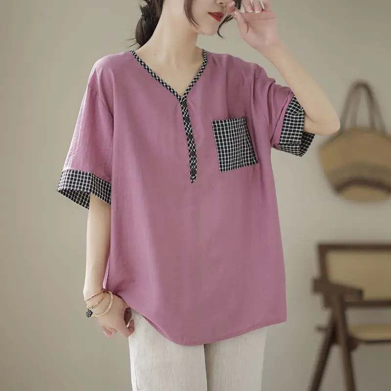 Women's Clothing Fashion Printed Spliced Solid Color T-shirt 2023 Summer Korean Casual Female Short Sleeve V-Neck Loose Tops