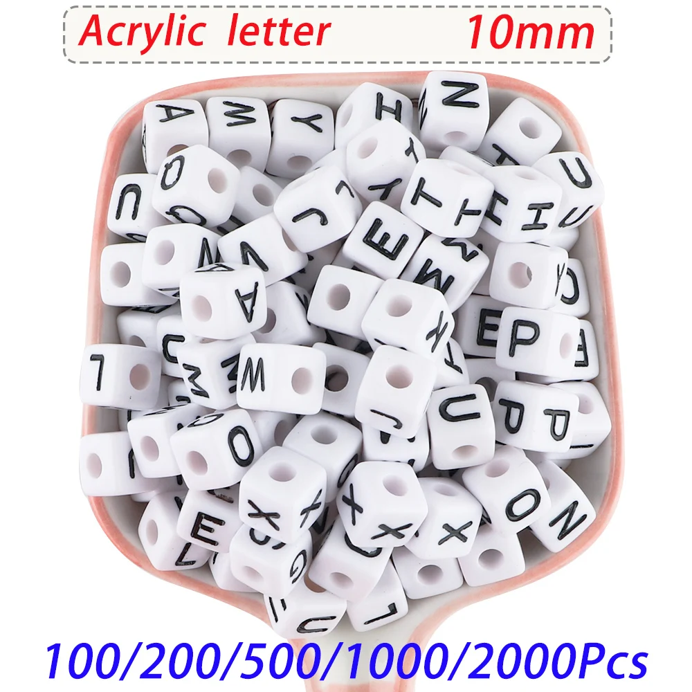 100-2000Pcs Cube Acrylic Letter Beads 10*10mm White Square English Alphabet For Jewelry Making DIY Key Chain Beads