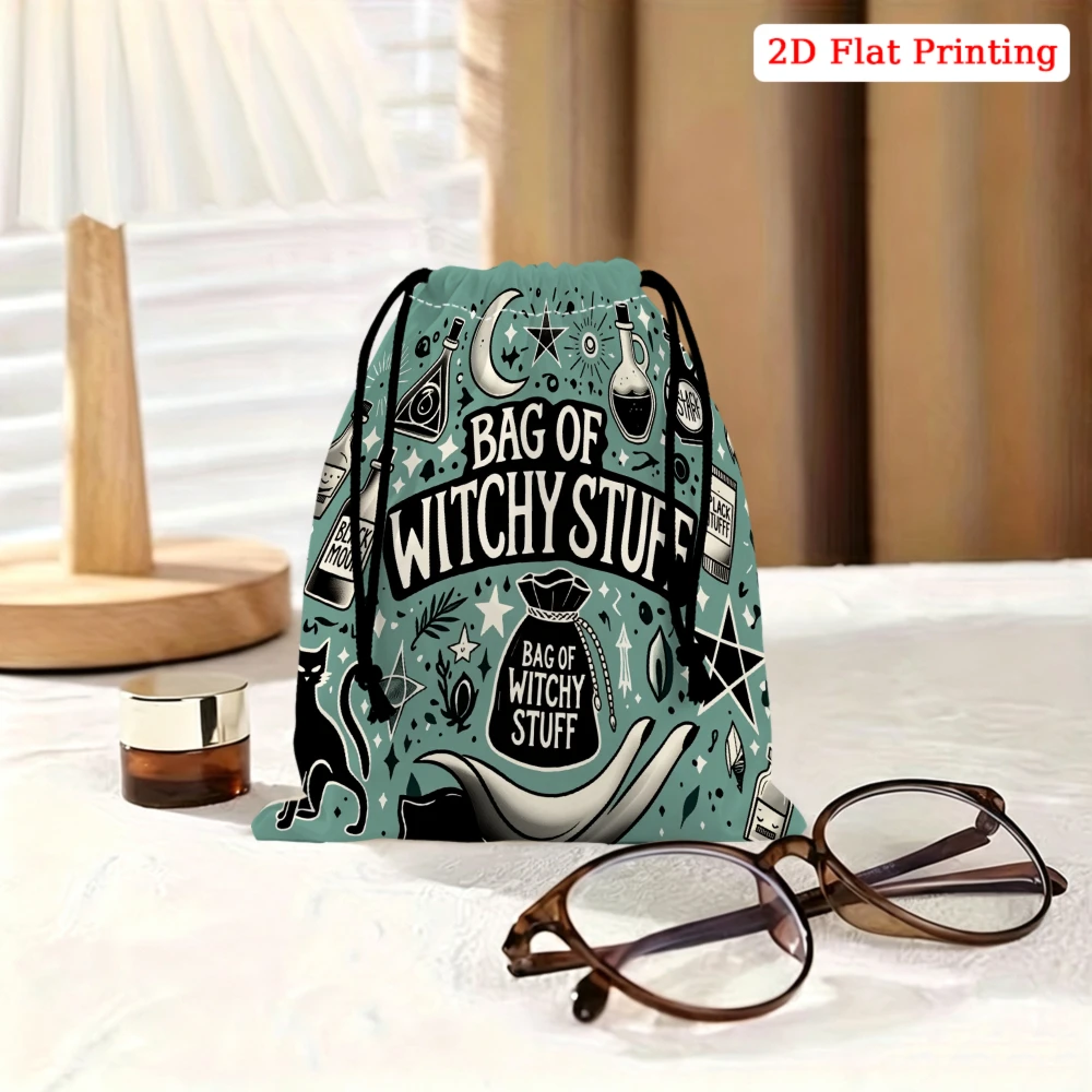 1Pc Witchy Style Drawstring Bag Teal Moon Stars Bag Of Witchy Stuff Print Storage Small Pouch For Travel Gym Yoga Accessories Or