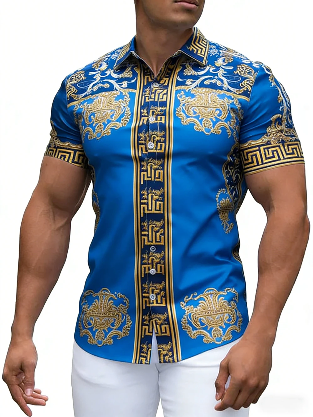 Men's European Retro Short-Sleeve Shirt Palace Classical High-Definition Printed Colorful Shirt Wedding Social Men's Clothing