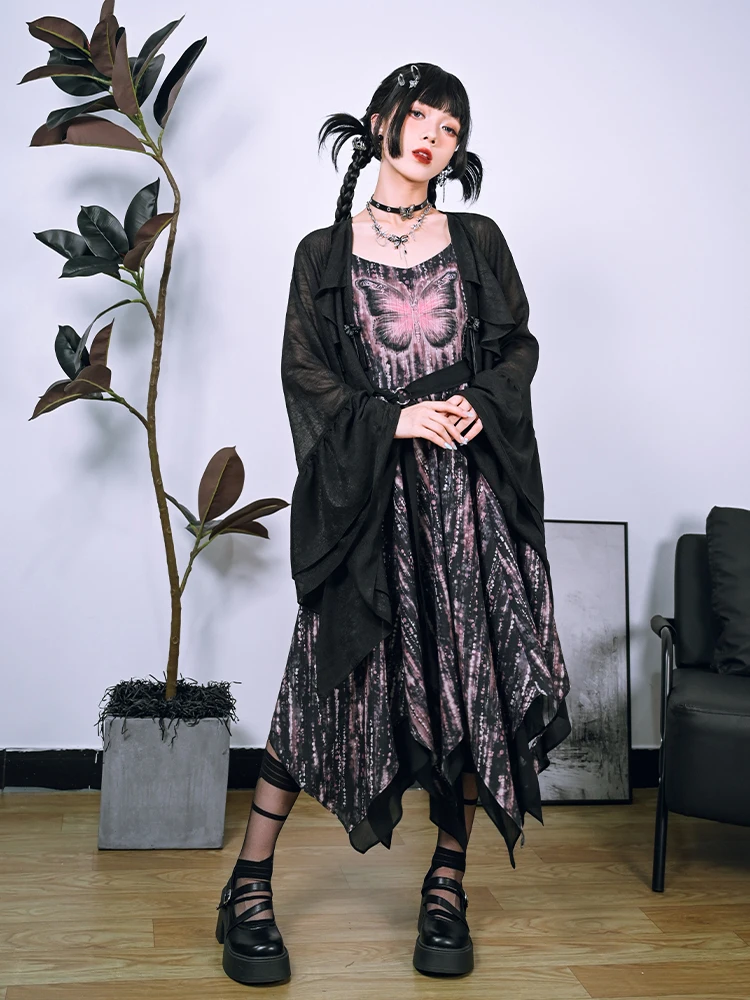 Doce legal dupla camada chiffon borboleta impressão irregular longo suspender vestido menina verão nova cintura alta a linha vestidos de lazer