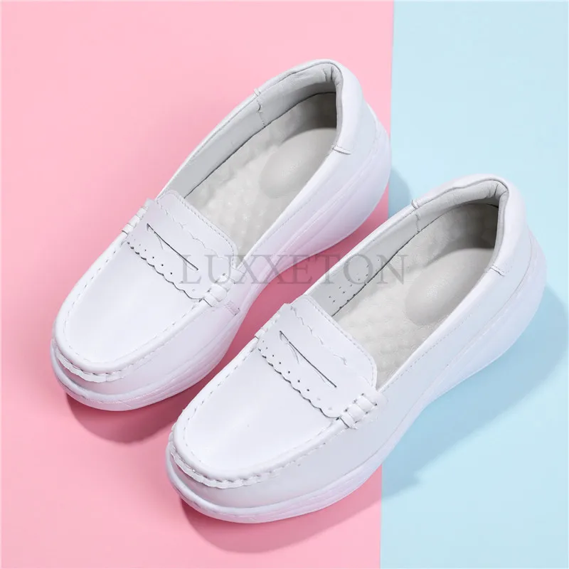 White Genuine Leather Loafers Women Nurse Shoes Round Toe Slip on Thick Flats Breathable Soft Cowhide Thick Bottom Flats