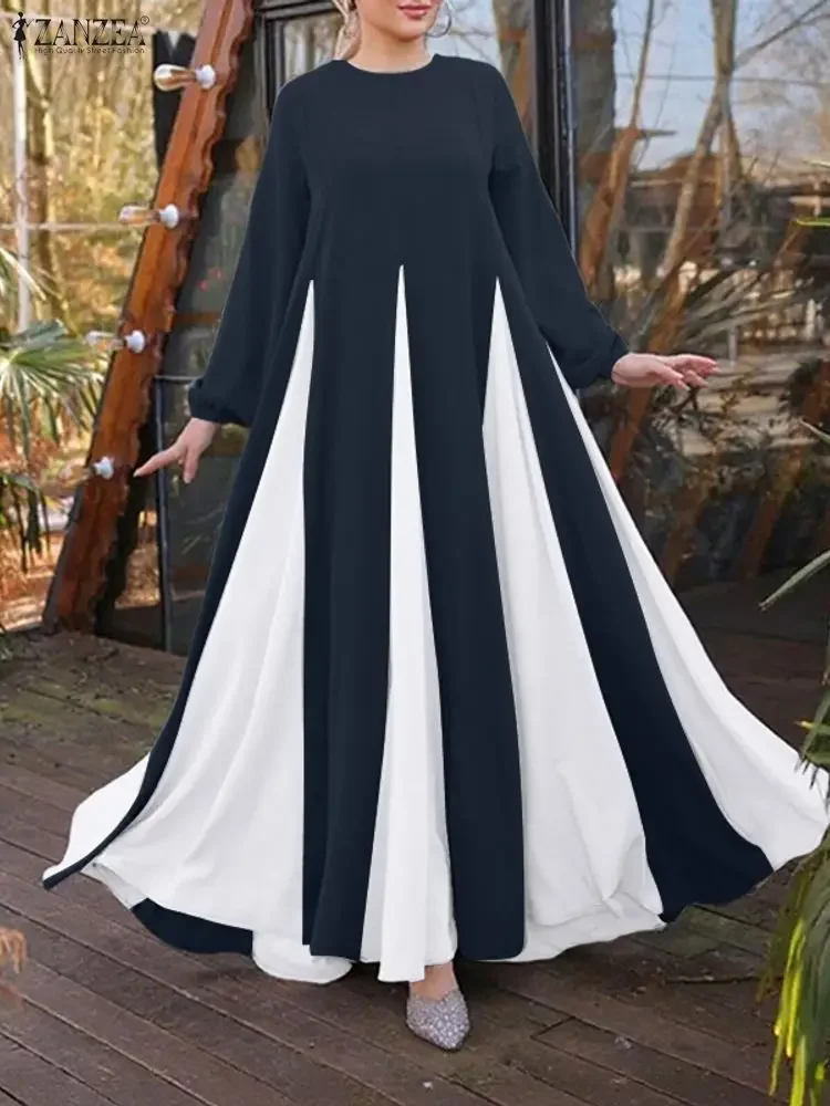ZANZEA Modest Hijabs Maxi Lange Kleider Frauen Muslimische Mode Kontrast-Farbe Patchwork A-Line Swing Kleid Oansatz Langarm Roben