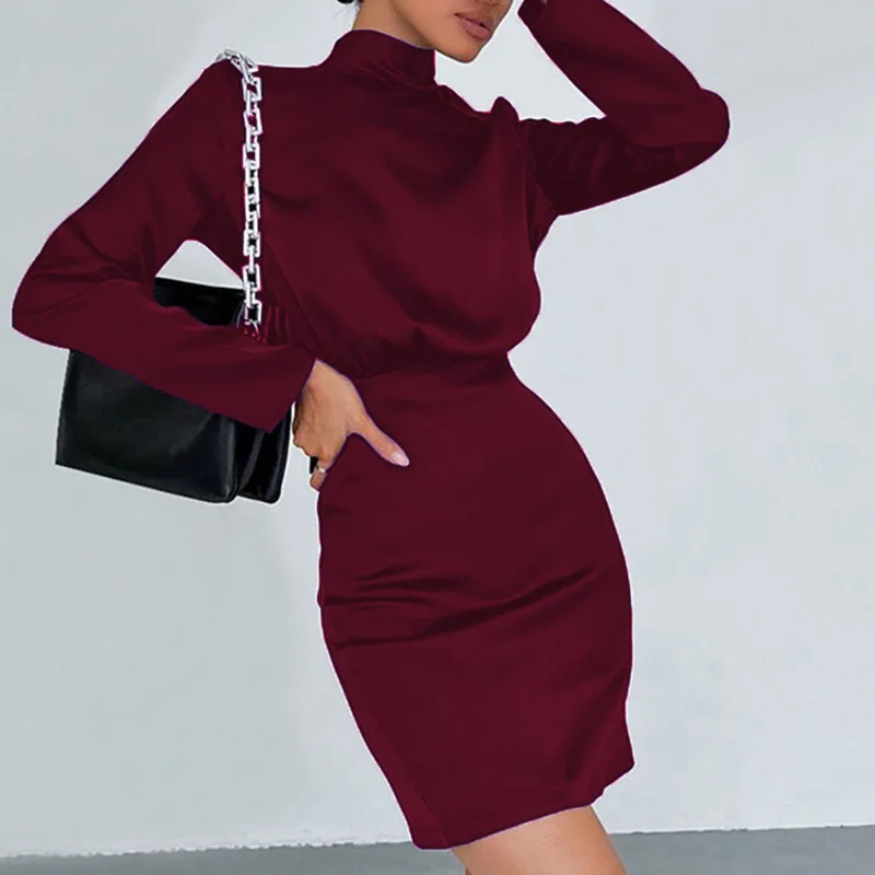 Autumn Short Dresses Turtleneck Long Sleeve Dress Vestido Negro Vestidos Cortos Feminino Abiti Al Ginocchio Fall Clothes Women