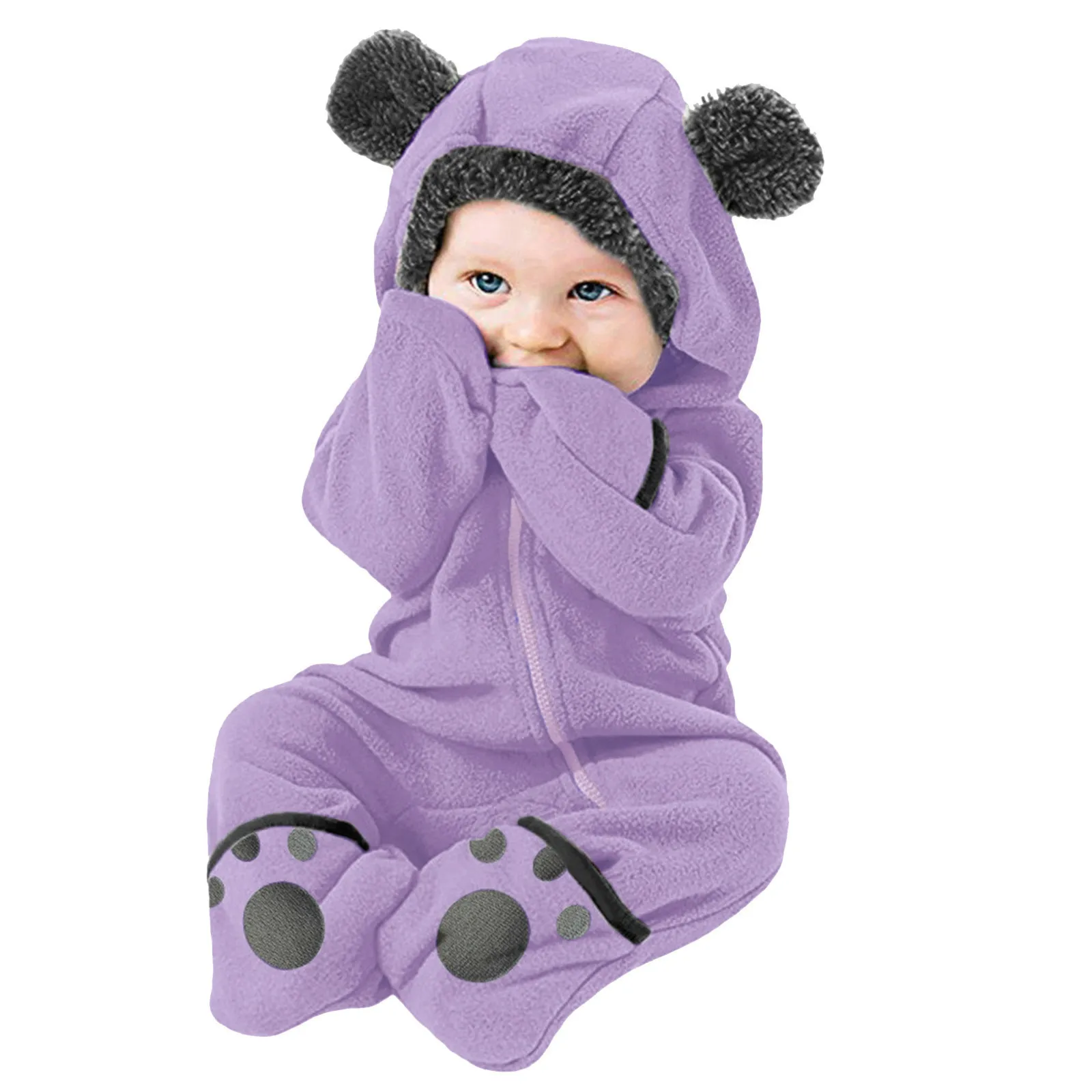 

Cute Footies Newborn Clothes Baby Girl Boy Fuzzy Hooded Romper Winter Warm Baby Long Sleeve Bear Ears Zipper Jumpsuit 0-12 Month