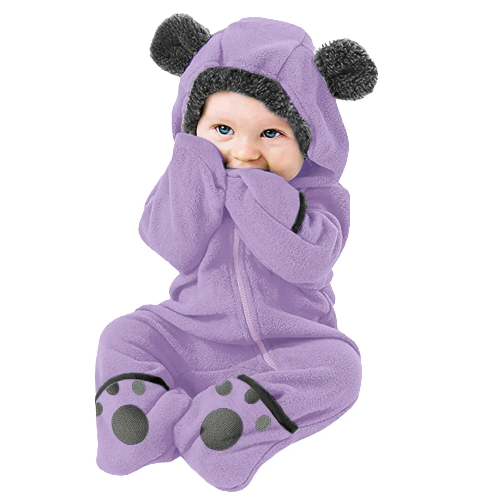 Cute Footies Newborn Clothes Baby Girl Boy Fuzzy Hooded Romper Winter Warm Baby Long Sleeve Bear Ears Zipper Jumpsuit 0-12 Month