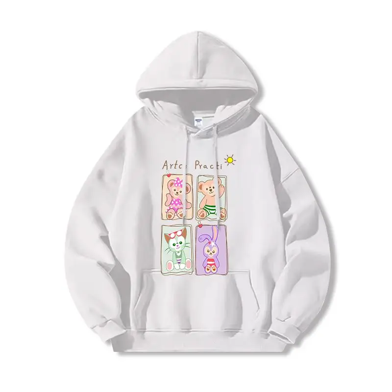 

Cartoon Rabbit Hoodie Women Cotton Fleece Pullover 2025 Spring Summer Graphic Sweatshirt Black Base Purple Rabbit Pink Ears Pink