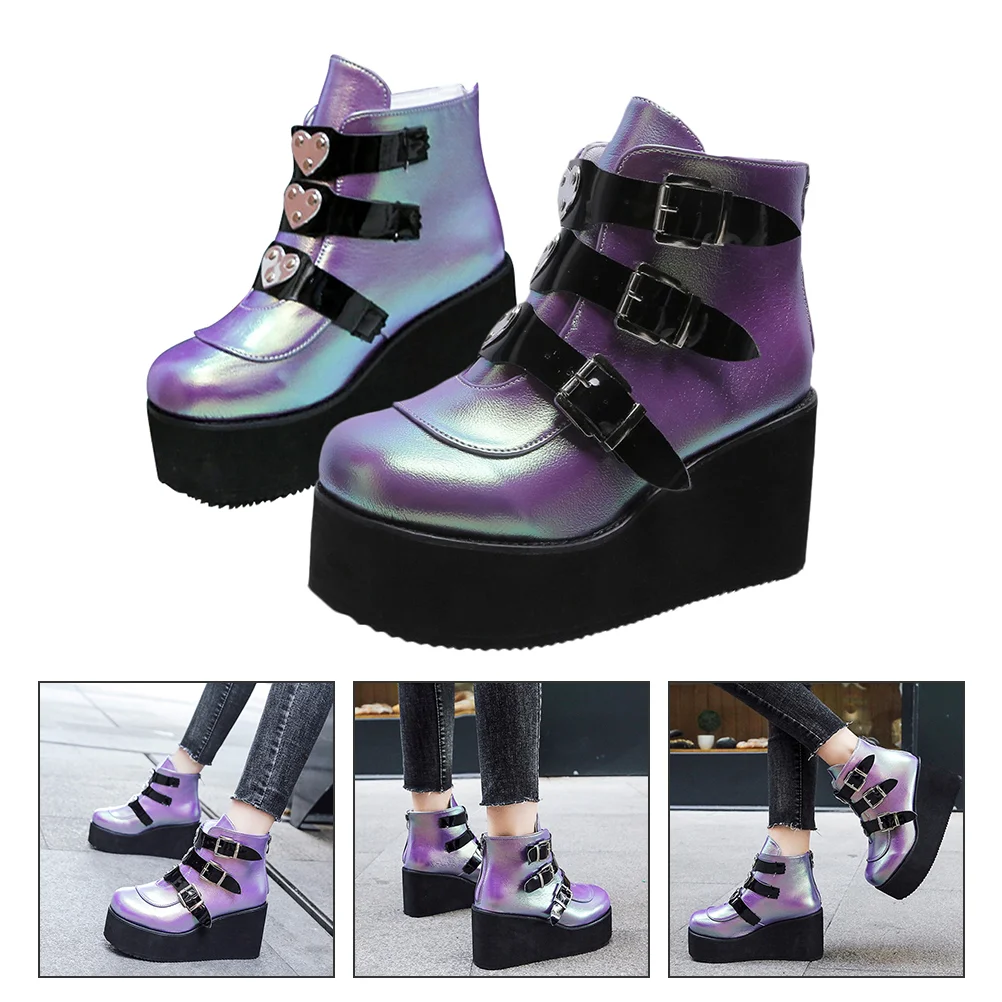 

Autumn And Winter Retro Height Increasing Ankle Boots Miss Booties Round Toe Black Goth with Buckle Pu