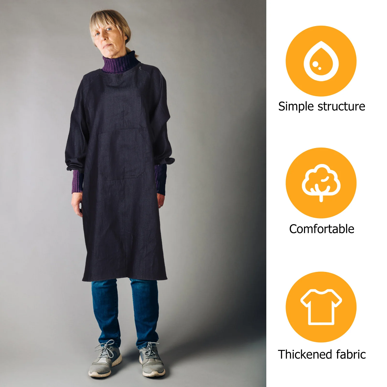 مريلة عمل بأكمام طويلة من قماش الدنيم السميك الممتاز، مقاس كبير، أداة متعددة الأغراض، مريلة مطبخ واقية للطبخ