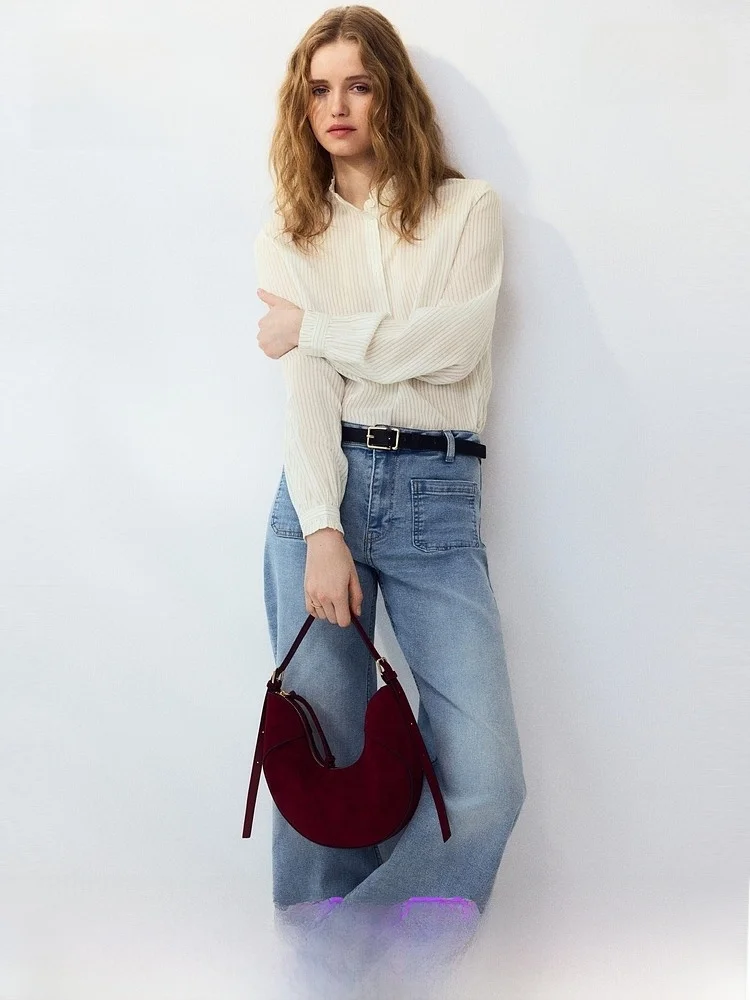 

H&M Women's Shirt Spring 2026 Korean Style Vintage Ruffle Collar Plaid Shirt Elegant Fit Long Sleeve Button Detail