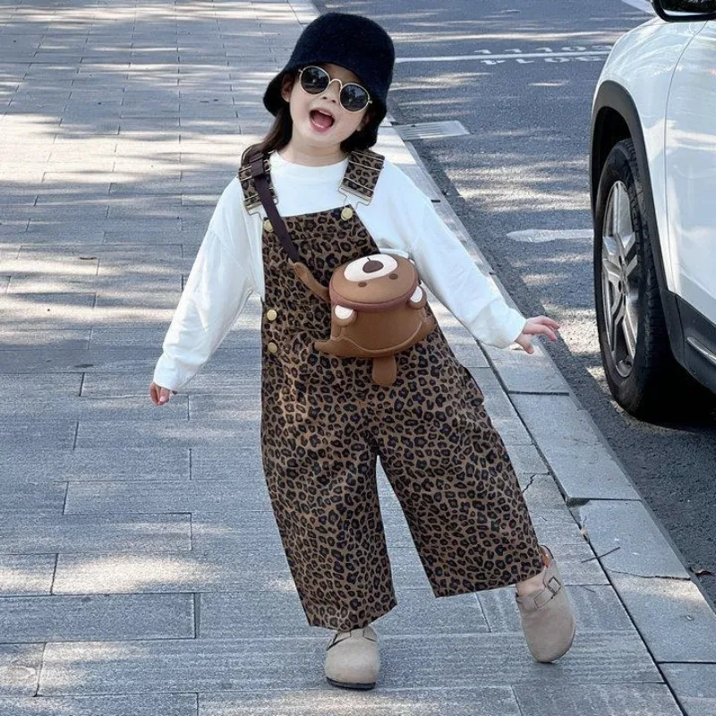 Girls Leopard Print Overalls New Kids Fashion Suspenders Jumpsuit Spring Autumn Trendy Long Pants