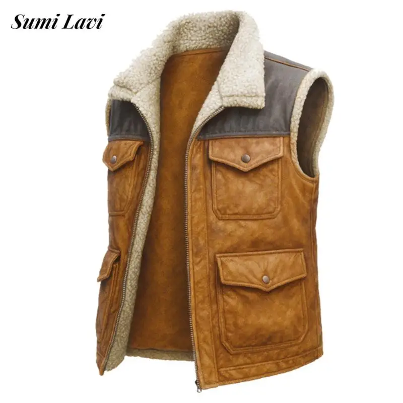 Casual Sleeveless Button-up Waistcoats For Mens Fall Winter Warm Wool Outerwear Men Vintage Multi Pocket Patchwork Suede Jacket