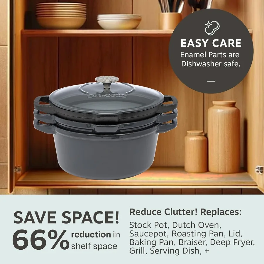 5 pc Stackable Cast Iron Cookware Set for Home Kitchen Use: Versatile Enamel Dutch Oven Seasoned Grill Pan Enamel Braiser with