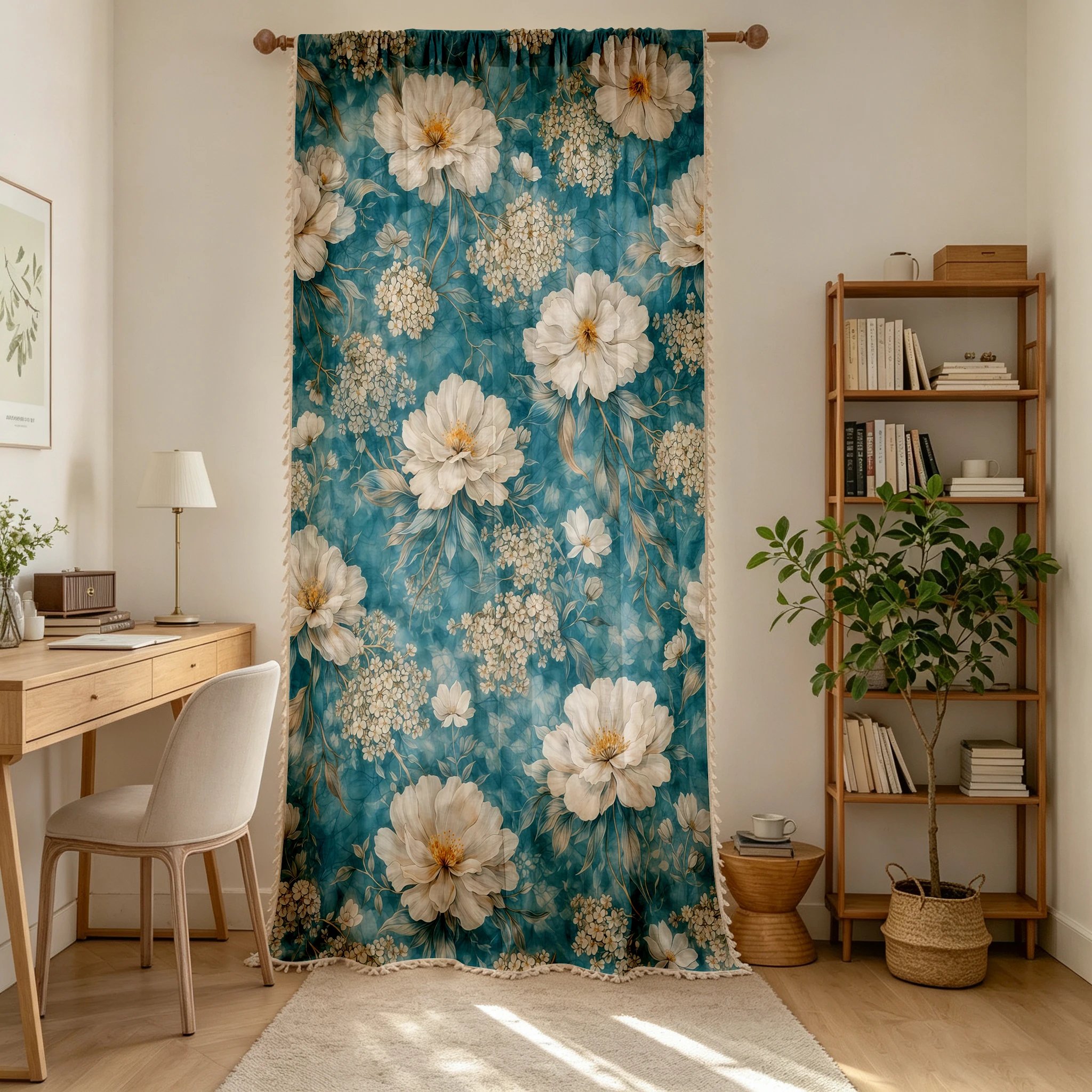 1PC Floral Tassel Sheer Curtains, Teal White Peony, Digital Print, Linen Polyester, Bedroom Living Room Kitchen, Home Decor