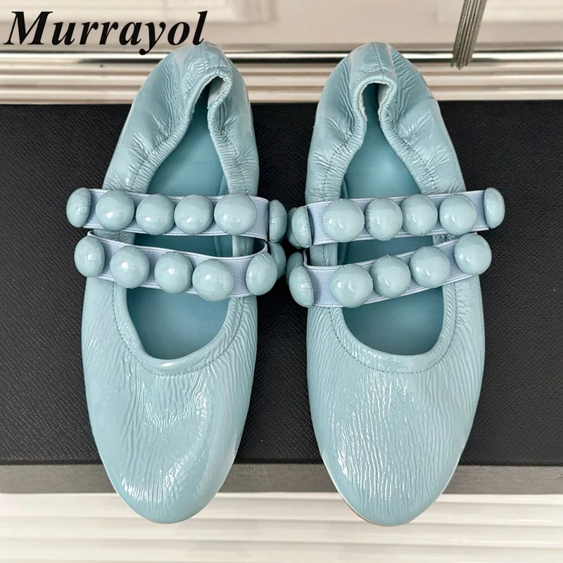 

Circular Rivet Decor Flat Bottom Mary Jane Shoes Women Round Toe Genuine Leather Ballet Shoes Summer Vacation Single Shoes