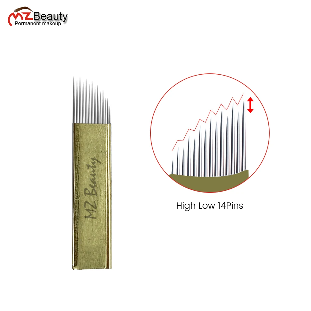 High-Low Microblading Needles 14Pins Hard Blades High And Low Arc Easy Colors For Eyebrow Tattoo Supply Shaded Agujas 0.3MM