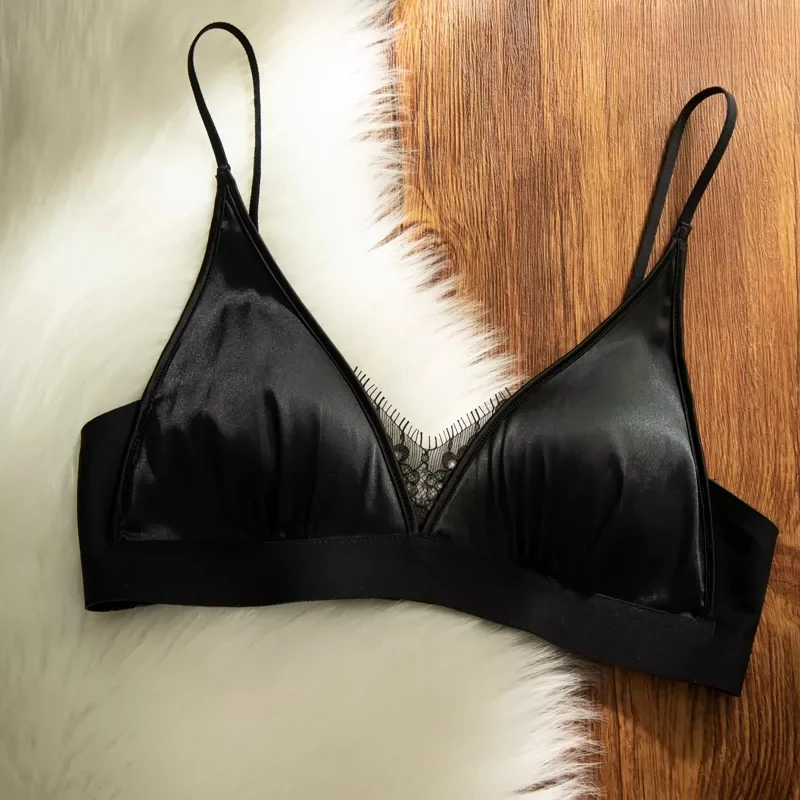 Soutien-gorge en dentelle à bonnets triangulaires en satin français, léger et fin, push-up pour petites poitrines, avec effet lissant latéral anti-affaissement, lingerie confortable pour le quotidien