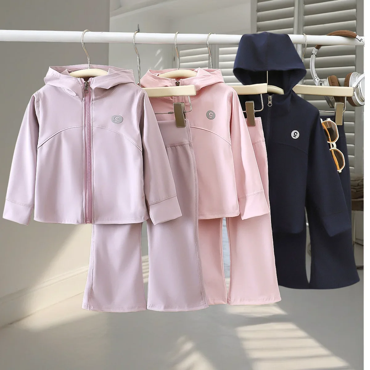 2-10Y Autumn Kids' Sets and Outfit Solid Color Long Sleeves Zip Hooded Top+Bell Bottoms 2 Piece Sets Soft Children Clothing