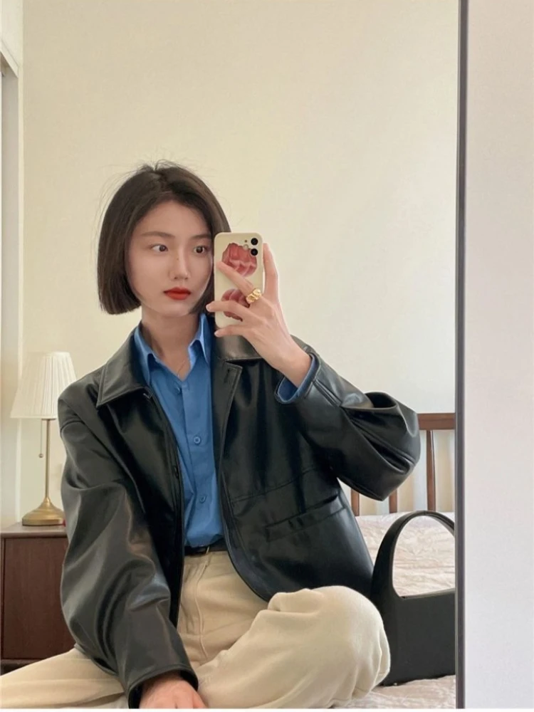Black Casual PU Leather Jacket Women Fashion High Street Leather Jacket Female Korean-style Retro Motorcycle Coat 2025 Autumn