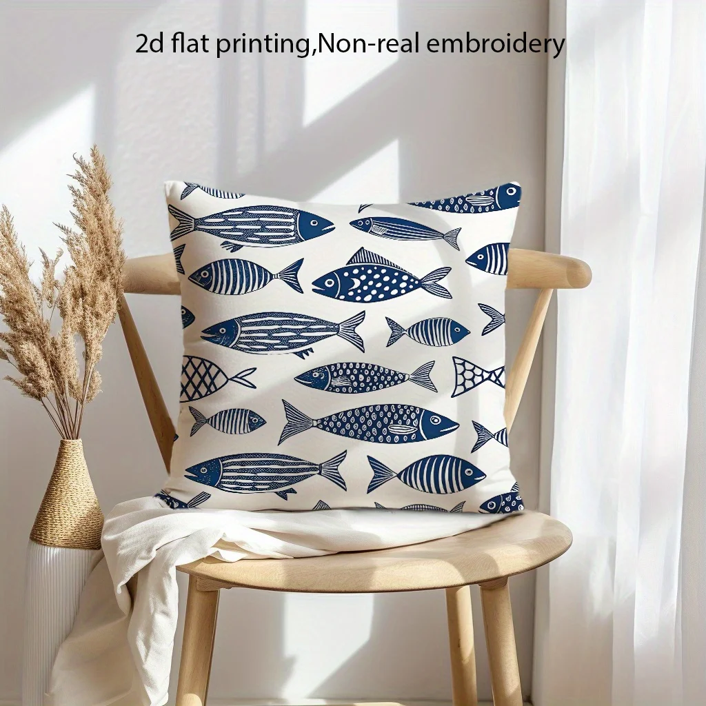Double-sided 1pc 2D Bohemian Fish School Pillowcase with Zipper, Featuring a Geometric Fish Pattern in Black and White Design. Suitable for Living Room, Patio, Sofa, Outdoor Decoration. No Filler Included. Fish Decor, Patio Decor, Modern Decor
