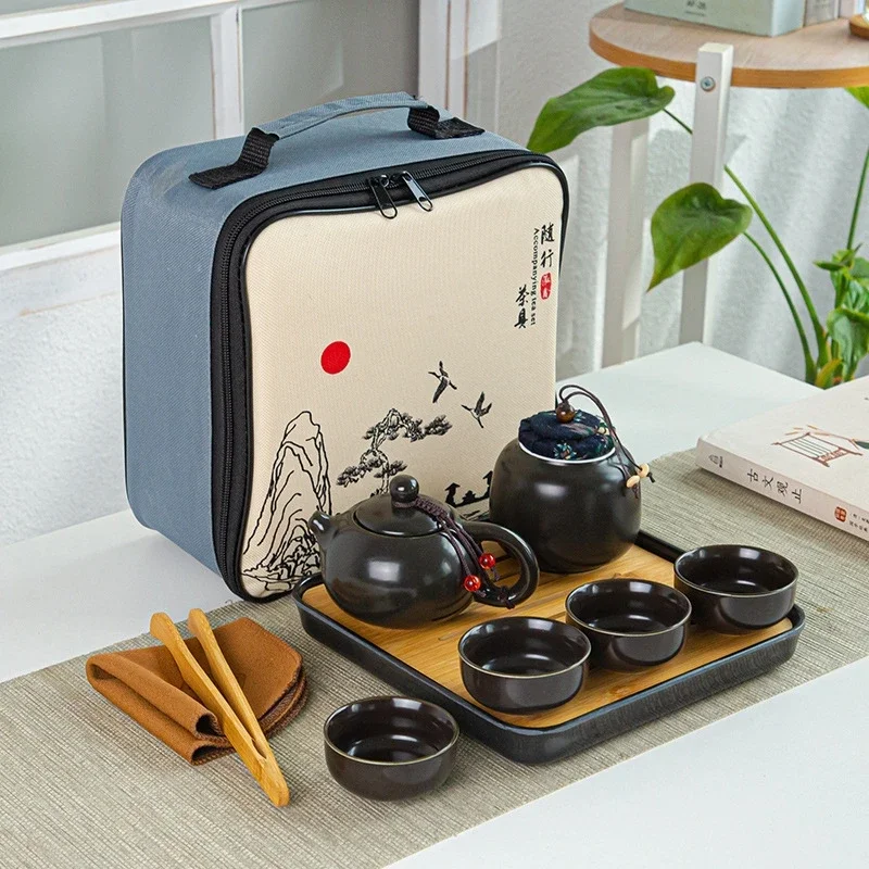 Portable Ceramic Kung Fu Teaset Chinese Teapot Gaiwan Tea Cups Travel Bag Tea Ceremony Essentials