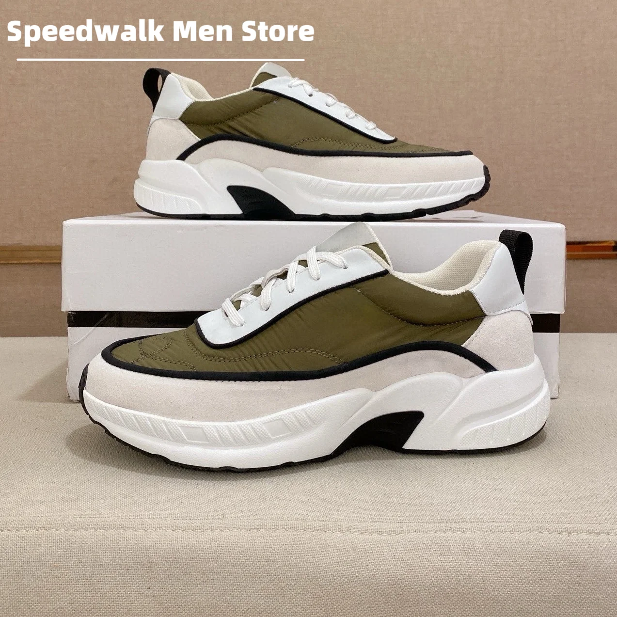 Men Four Seasons Color Block Platform Sneakers Nylon Suede Patch Thick Elevated Sole Non Slip Soft Street Walking Trainers