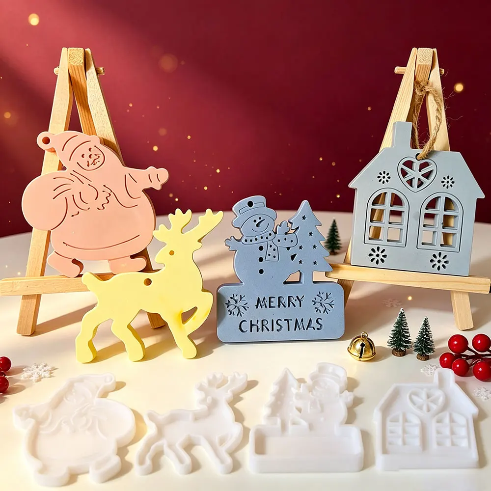 Christmas Ornament Silicone Mold DIY Resin Plaster Craft Santa Reindeer Snowman House Pendant Home Decor Gift