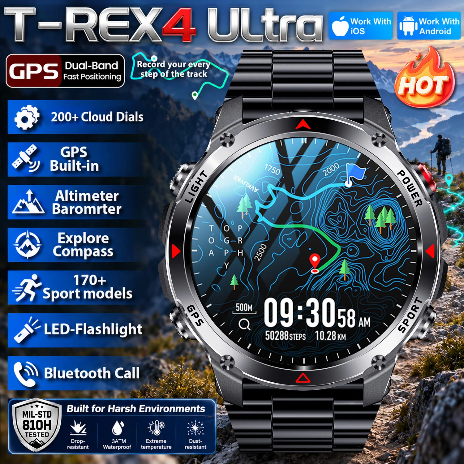 T-Rex 3 Pro Military Grade AGPS Smart Watch 10ATM Waterproof Dual-band GNSS Compass Altimeter AMOLED Swim Sports Smart Watch Men