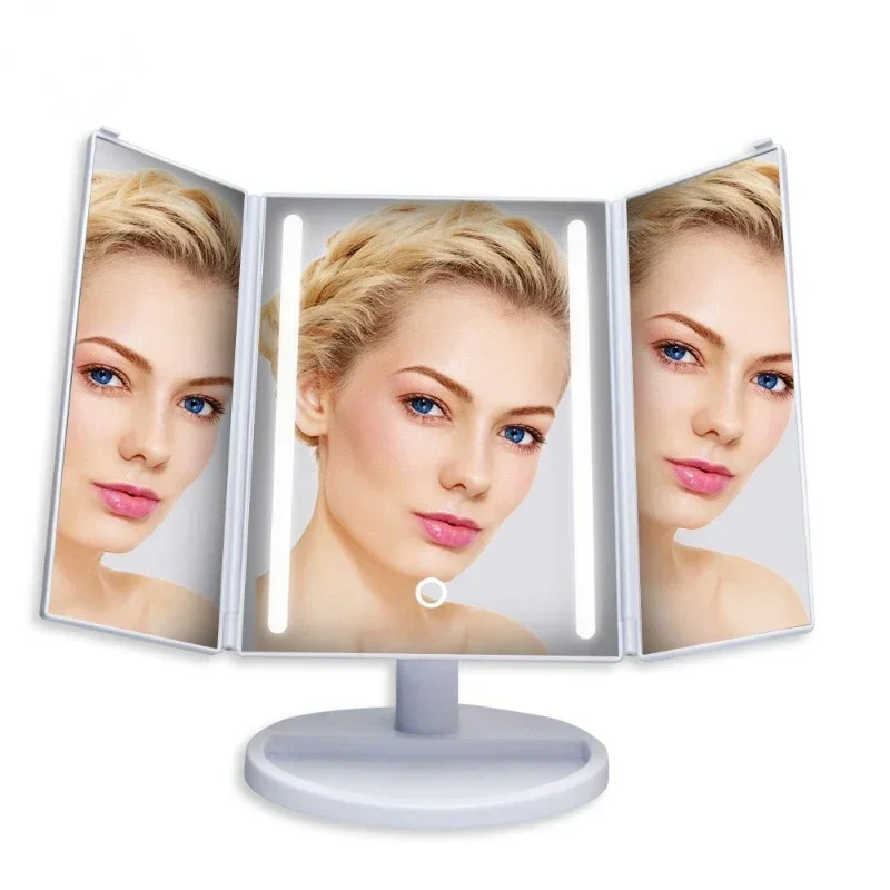 LED Desktop Touch Cosmetic Mirror Tri-fold Beauty Mirror Makeup Luminous with Lights Makeup USB Dimmer Mirror