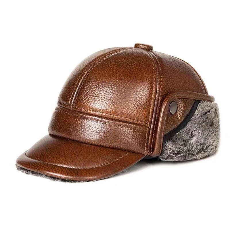 Winter Warm Leather Hat Men Cold-proof Cowhide Thick Faux Fur Flat Top Duck Tongue Warm Bomber Caps Outdoor Fishing Gorra Hombre