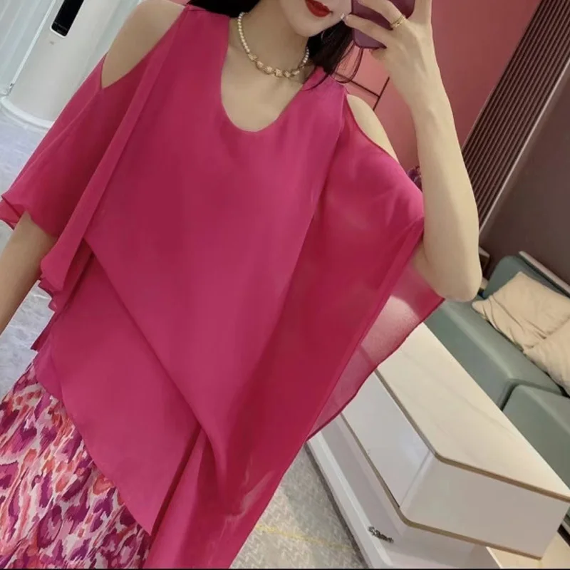 2024 New Summer Personalized Trendy Round Neck Off Shoulder Irregular Hem Fashion Casual Loose Versatile Solid Color Shirt